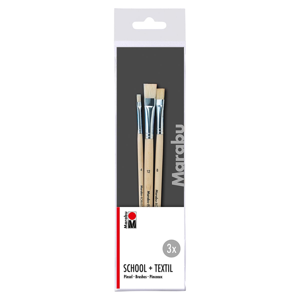 Marabu Set School, 3 pinceaux Plats en Bois certifié FSC, avec Poils naturels, Maternelle, l'école et la Peinture sur Textile, 0