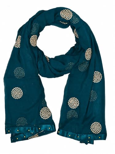 Image of YOUTHQUAKE Golden Floral Embroidery Work Chiffon Dupatta for Womens & Girls with Fancy Moti Lace