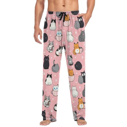 Cute Cat Heart Pajama Pants Cartoon Pink Animals Men's Pajama Bottoms Lounge Sleepwear PJs Casual Lightweight Sleep Pants L3