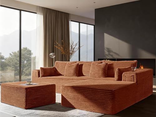 Image of 108 inch Cloud Sectional Couch, Comfort U Shaped Boneless Couch for Living Room, Extra Deep Seats No Assembly, Minimalist Modular Sofa, Corduroy (Deep Orange, 2 Seater+Right Facing Chaise+Ottoman)