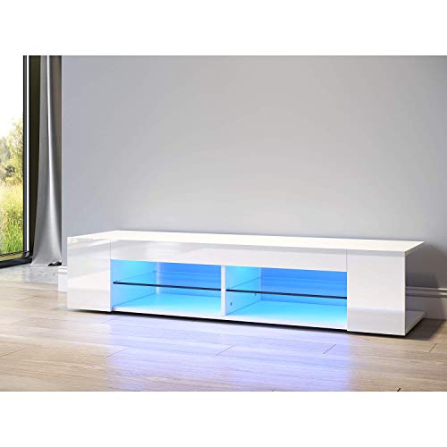 TV Schrank TV Lowboard LED Weiss,12-LED-Farben,Glasböden,Fehrnser Tisch 135 cm breit