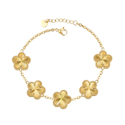 Four Leaf Clover Bracelet for Women 14K Gold Plated Stainless Steel Link Bracelet Wrist Jewelry
