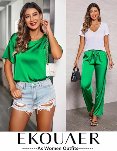 Image of Ekouaer Womens Satin Silky Pajama Set Short Sleeve Shirt with Long Pajama Pant Set Soft PJ Loungewear