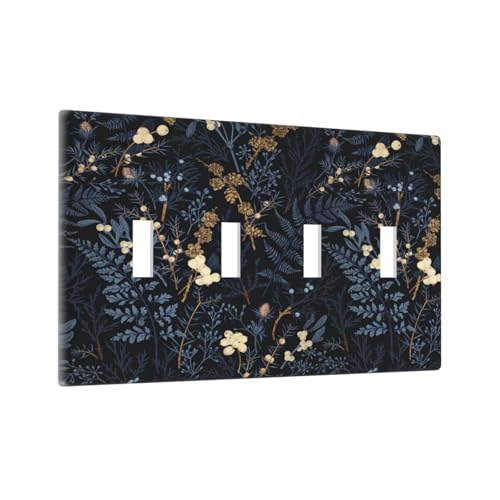 Decorative Switch Plate Covers Rustic Navy Dark Blue Leaves Golden Floral 4 Gang Light Switch Cover Plate Quad Toggle Wall Plate Light Switch Covers for Bedroom Home Decor