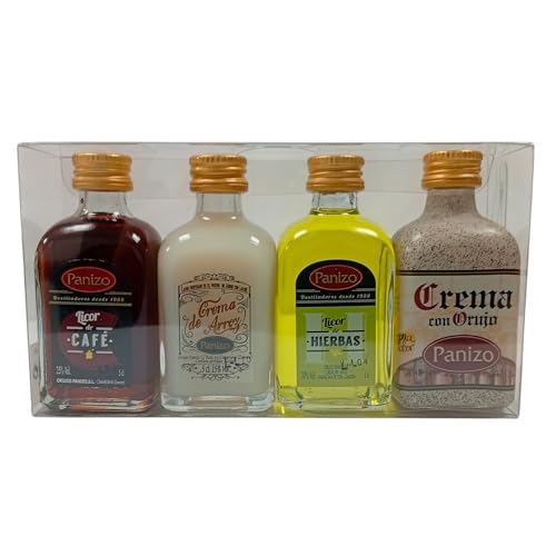 Caja de 14 estuches de licores Panizo para regalar. Licores miniaturas (20 cl.) de Licor de Hierbas, Crema de Orujo, Crema de Arroz y Licor de café Panizo