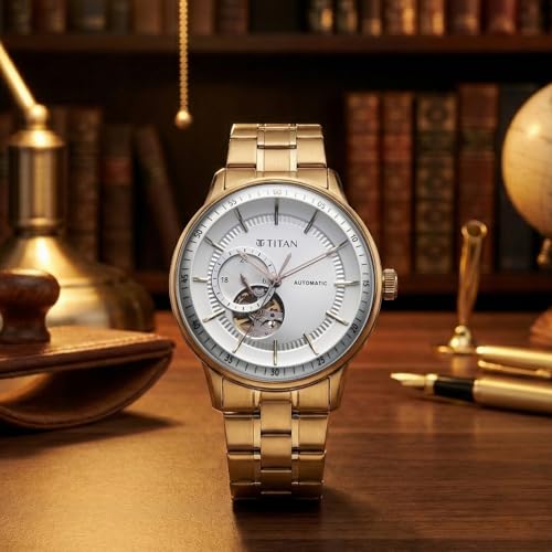 Image of Titan Orbital Open Heart Automatic Analog with White Dial Carnation Gold Stainless Steel Strap Watch for Men - 90226WM01