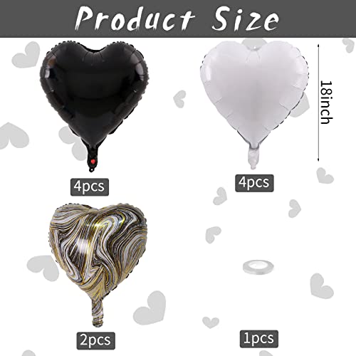 Image of Black White Foil Heart Balloons, 10PCS Black White Agate Heart Shape Balloons, Valentines Balloons 18inch Black Foil Balloon for Helium Valentine Decorations for Wedding, Baby Shower, Anniversary