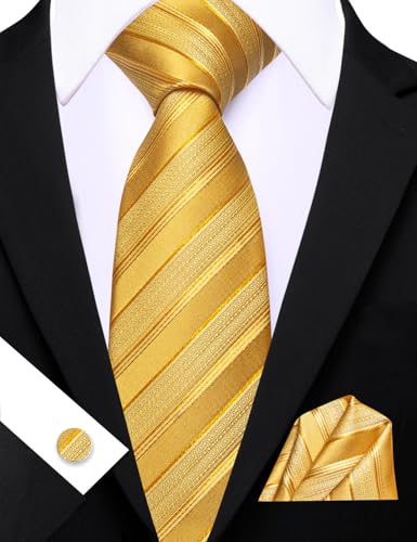Image of Barry.Wang Man Stripe Ties Set Silk Woven Pocket Square Necktie Cufflinks Formal Party Business