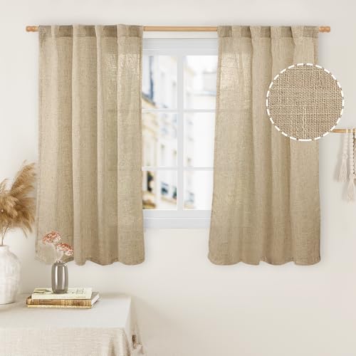 LAMIT Brown Semi Sheer Linen Curtains 48 Inch Length 2 Panels, Light Filtering Panels Back Tab and Rod Pocket Neutral Drapes for Kitchen/Window/Loft Room, 34 x 48 Inch