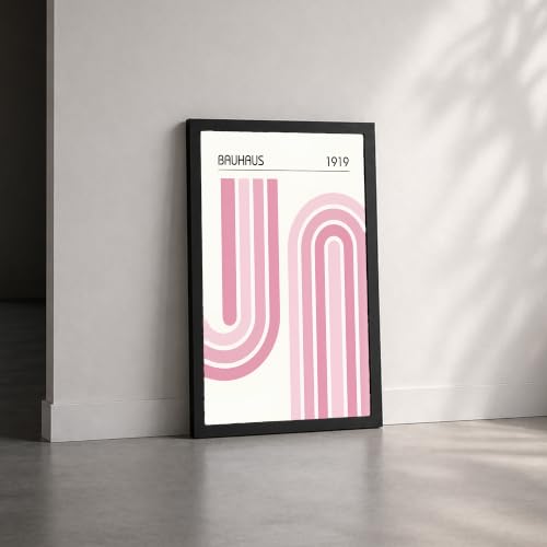 Image of Bauhaus 1919 Premium Framed Wall Poster (12x18 Inch) | Abstract Geometric Pink Wall Art | Modern Minimalist Mid Century Decor for Bedroom, Living Room, Office & Workspace | Ready-to-Hang Display Frame