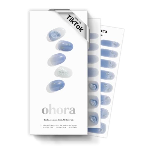 Image of ohora Semi Cured Gel Nail Strips | Blue, Glitter, Gems | N Shizuku Blue