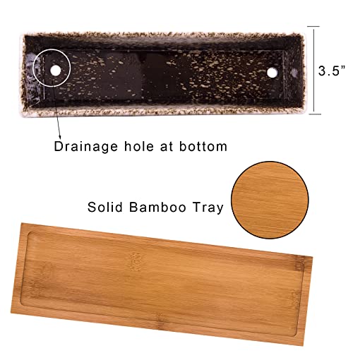 Artketty Succulent Pots - Large Succulent Planter Pots With Drainage, 12 Inch Long Rectangle Bonsai Pot With Bamboo Tray Shallow Ceramic Cactus Flower Planter Window Box For Home Garden Decor (White) #TOP3