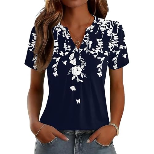 LOMON Womens Tops Dressy Casual V Neck Short Sleeve Shirts Summer Pleated Blouses Button Down Tunic Loose Fit