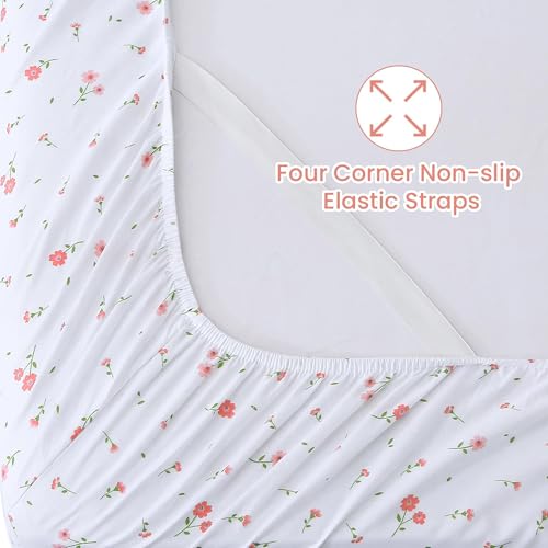 Image of Softan Pink Floral Full Sheet Set Flower Printed Bed Sheets Double - 4 Piece Microfiber Patterned Fitted Bed Sheets with 15 inch Deep Pocket & Straps, Cozy Cute Pink Sheets and Pillowcase Set