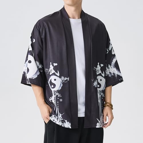 Image of Men's Japanese Kimono Robe Jacket Lightweight 3 /4 Sleeve Open Front Yukata | Silky Smooth Fashion Print Happi Coat Lightweight Breathable Loose Unisex Haori Casual Summer Cardigan Daily Beach Vacation