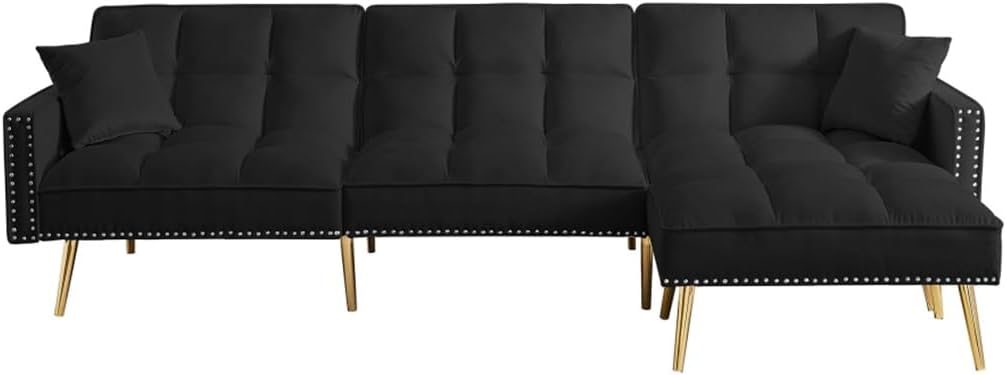 Black Living Room Sofa Velvet Upholstered Reversible Modular Bed L-Shaped with Metal Legs