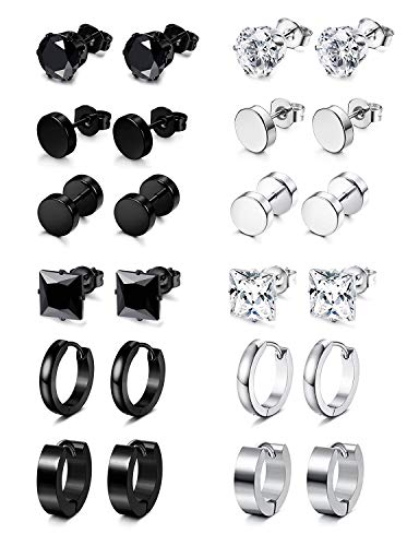 PROJEWE 12 Paires Petite Boucles D'oreilles en Acier Inoxydable Boucle d’Oreille Anneau pour Femmes Hommes Clous d’Oreilles Zircone Cubique Boucles D'oreilles Noir et Argent Cover