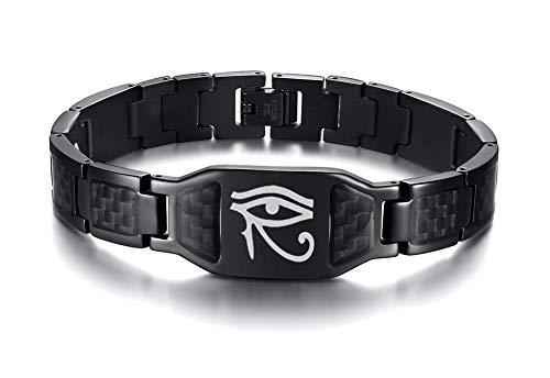 PJ Jewelry Men's Ancient Egyptian Symbol Udjat Eye of Horus Ra Bracelet Stainless Steel Carbon Fiber Inlay Wristband