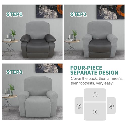 Image of YEMYHOM 4 Pieces Stretch Recliner Slipcover Jacquard Recliner Chair Cover with Side Pocket Anti-Slip Fitted Recliner Cover Couch Furniture Protector with Elastic Bottom (Recliner, Light Gray)