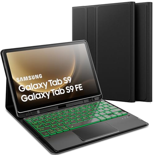 Sackei for Samsung Galaxy Tab S9 FE 10.9 inch / S9 11 inch Case with Keyboard 7 Color Backlit Magnetically Detachable Keyboard with Touchpad Stain-Resistant PU Flip Tablet Sleeve Cover with Pen Slot