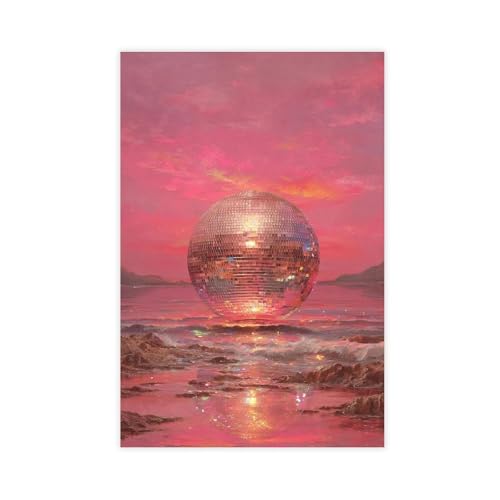 Poster rétro disco rose et coucher de soleil sur toile de décoration 61x91 cm