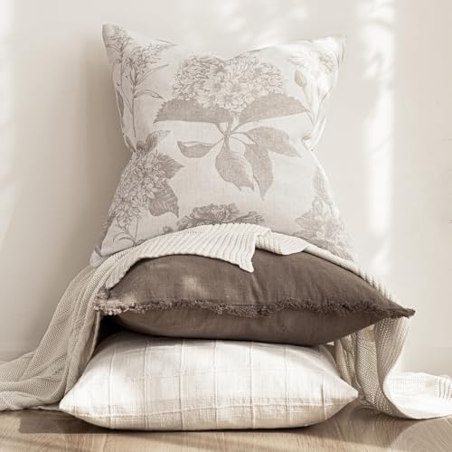 Image of Foindtower Set of 2 Linen Floral Vintage Throw Pillow Covers Neutral Accent Decorative Cushion Covers Farmhouse Boho Home Decor for Sofa Chair Couch Bedroom Living Room,24x24 Inch,Tan Beige