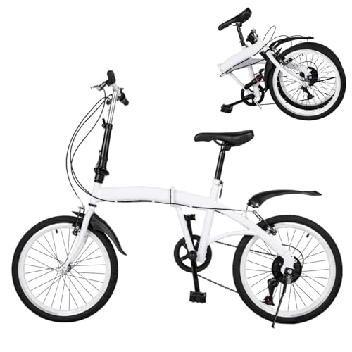 20 Inch Folding Bike for Adult White High Carbon Steel Folding Mountain Bike - 6 Speed Gears Double V-Brake Kick - Lightweight Adjustable Height City Bike for Men and Women Teens (90% Pre-installed)