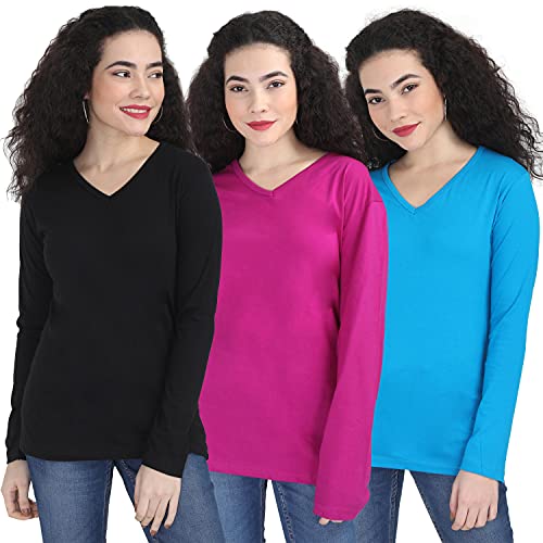 Image of FLEXIMAA Women's Cotton Plain V Neck Full Sleeve T-Shirt