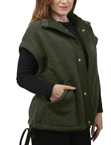 JUJIAYOUPIN Womens Fuzzy Fleece Vest Trendy Warm Sleeveless Sherpa Jacket Winter Oversized Outerwear with Pockets(ArmyGreen-L)