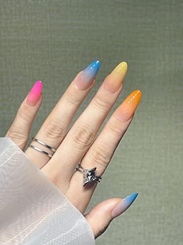 JIELINWEE Press on Nail Short Almond, Colorful Press on False Nails Short, 24PCS Acrylic Fake Nails Kit for Girls&Women (Shallow Rainbow)