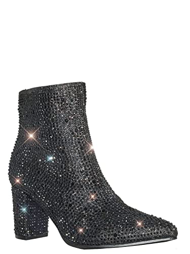 Women Rhinestone Block Chunky Heel Ankle Bootie Iceberg 12 By Forever shoes Black 5.52