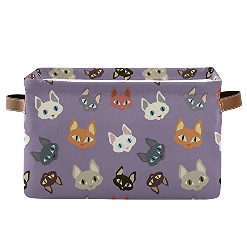OTVEE Colorful Cat Purple Storage Basket, Small Collapsible Canvas Storage Bins for Clothes Toys