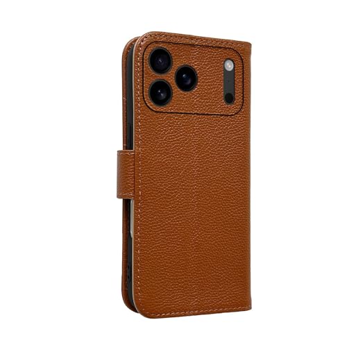 Étui iPhone 17 Pro bleu cuir véritable housse rabat magnétique grain