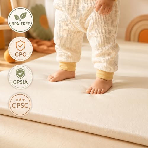 Image of Vegan Leather Baby Play Mat, 79x59 Thick Cushioned Waterproof Playpen Mat, Stylish Removable Cover Floor Mat for Babies & Toddlers, Soft Padded Play Mat for Safe Crawling, 1.2 inch Thick, Cream