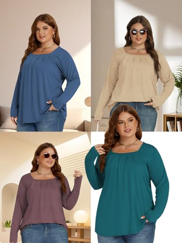 Womens-Plus-Size-Tops Dressy Pleated Square Neck Shirts Trendy Cute Long Sleeve Blouses Casual Loose Fit Tunics XL-5XL4