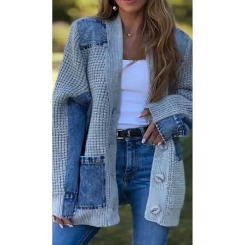 Patchwork Cardigan Sweaters for Women Fall Winter Vintage Chunky Cable Knit Button Down Cardigans with Pockets4