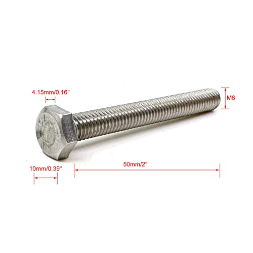Image of M6 Hex Bolt, M6-1.0 x 50mm Hex Head Screw Bolts, 304 Stainless Steel, Fully Threaded, Plain Finish, Hex Tap Bolts 20Pcs (M6x50mm)