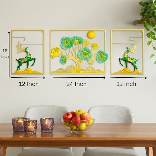 Image of SHREE 'O' GREEN TECH - Handcrafted Metal Set Of 3 Golden Deer Wall Art Leaf Frame Showpiece Multicolor Decor for Home, Living Room, Drawing Room & Bedroom Decor