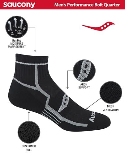 Image of Saucony Men's RunDry Bolt Performance Quarter Socks, Available in L-XL (6, 12 Pairs)