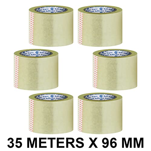 Image of VCR Self Adhesive Transparent Cello Tape - 35 Meters in Length - 96mm / 4 inch Width - 6 Rolls Per Pack - BOPP Industrial Packaging Tape for E-Commerce Box Packing, Office and Home use