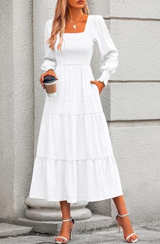 KIRUNDO Spring Dresses for Women 2026 Wedding Guest Maxi Long Sleeve Summer Smocked High Waist Flowy Party Cocktail Dress(White, Small) — view 6