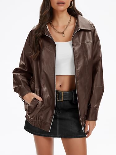 Womens Faux Leather Jacket Motorcycle Bomber Jacket Coats Fall Spring Clothes Oversized Zip Up Winter Coat Outerwear3