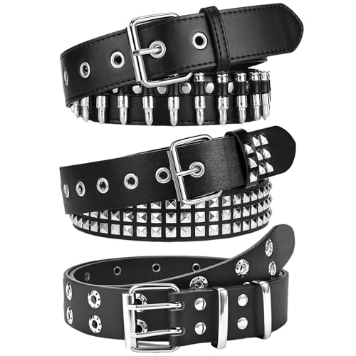 Black Studded Belt Y2K Belt 3 PCS Cool Belts Gothic Punk Rock Belts with Grommet Threads Bright Metal Pyramid for Women Men