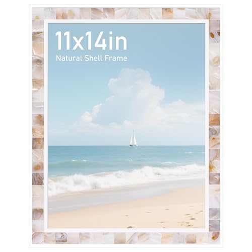Tanmicoshomy 11x14 Picture Frame with Tempered Glass，Natural Shell Inlay Mosaic Design Coastal Tabletop Photo Frames with Wall Mounting Hooks, Display 11x14 Photo Without Mat (11x14 inch, Brown,1pc)