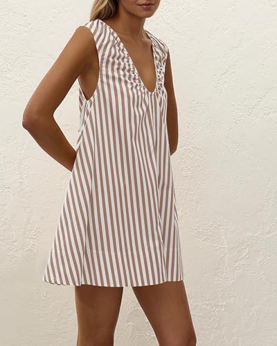 Image of OLAPTA Women Summer Sleeveless Babydoll Mini Tank Dresses Loose Fit Scoop Neck Ruched Short Dress with Pockets Party Clubwear