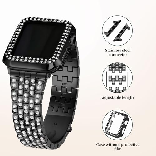 Image of wutwuk Compatible Bling Apple Watch Straps 44mm with Bling Case, Black Sparkling Metal Woman iWatch Replacement Strap, Diamond Rhinestone Wristband for Apple Watch Series SE 2 SE 6 5 4 44mm-Black