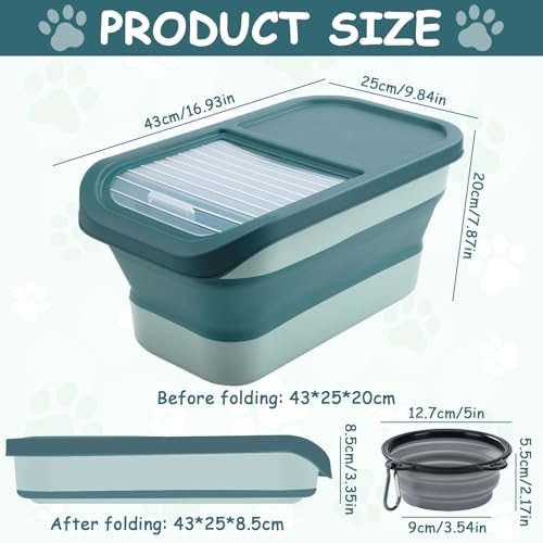 Druuzyl Hundefutter Aufbewahrungsbox 5kg - Faltbarer Futterbehälter für Trockenfutter mit Deckel, Messbecher & Löffel, Luftdicht, Haustierfutter-Container für Hund/Katze mit Faltbare Hundenapf,grün