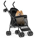 MoNiBloom 4 Wheels Pet Stroller, Easy-Fold Puppy Cage Jogger Stroller with Sun Cover, Pad and Rear Storage Bag, Breathable and Visible Mesh for Small/Medium Pets up to 22 lbs, Black