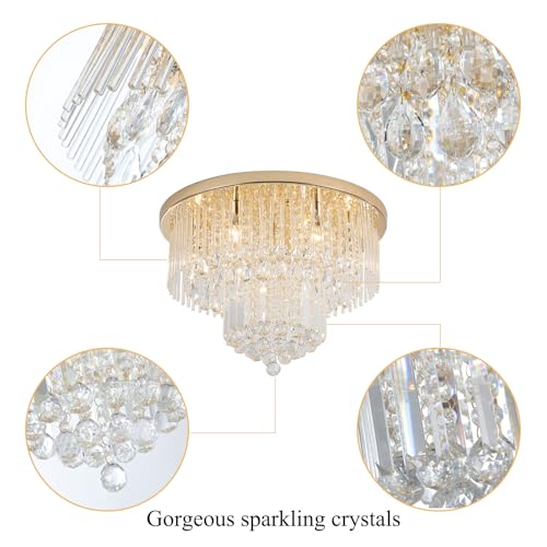 Litaddscen Gold K9 Crystal Chandelier Flush Mount Ceiling Light,Modern Round Raindrop Crystal Chandeliers Light Fixtures for Foyer Bedroom Living Dining Room Entryway,6-Light D22 x H13 by Litaddscen - Used condition - Image 3