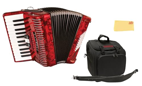 Hohner Hohnica 1304 48 Bass Piano Accordion - Pearl Red Bundle with Gig Bag, Straps, and Austin Bazaar Polishing Cloth